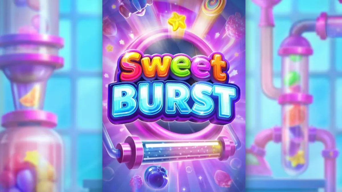 Tampilan antarmuka slot Sweet Burst dengan tema pabrik permen futuristik