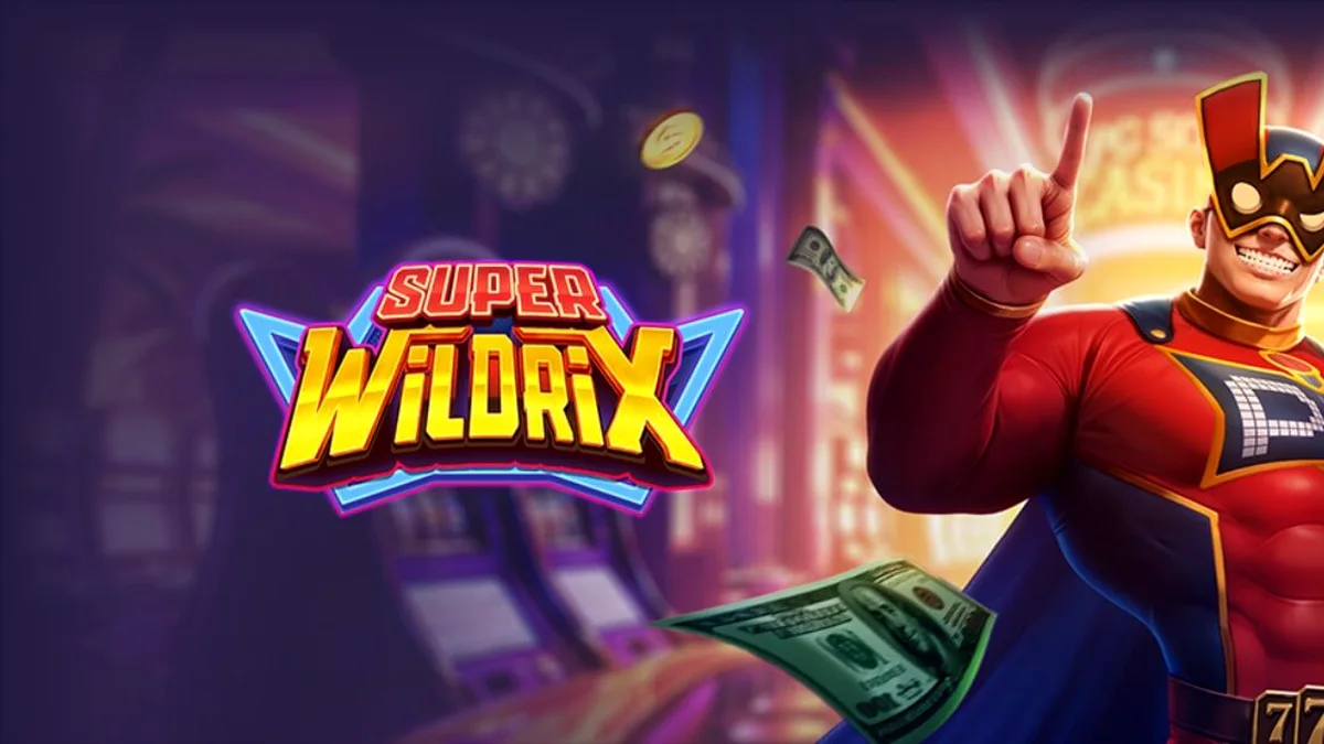 Tampilan layar permainan slot Super Wildrix dengan tema superhero dan neon