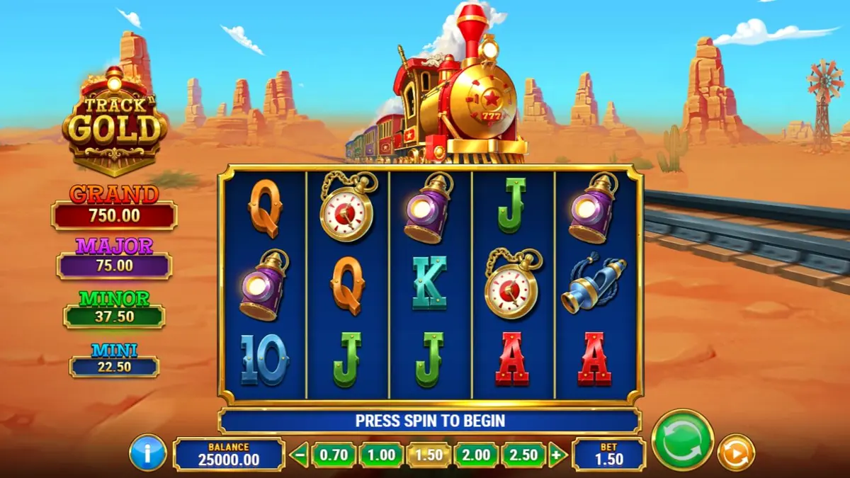 Tampilan visual slot Track’n Gold dengan latar belakang kereta api di Amerika Barat